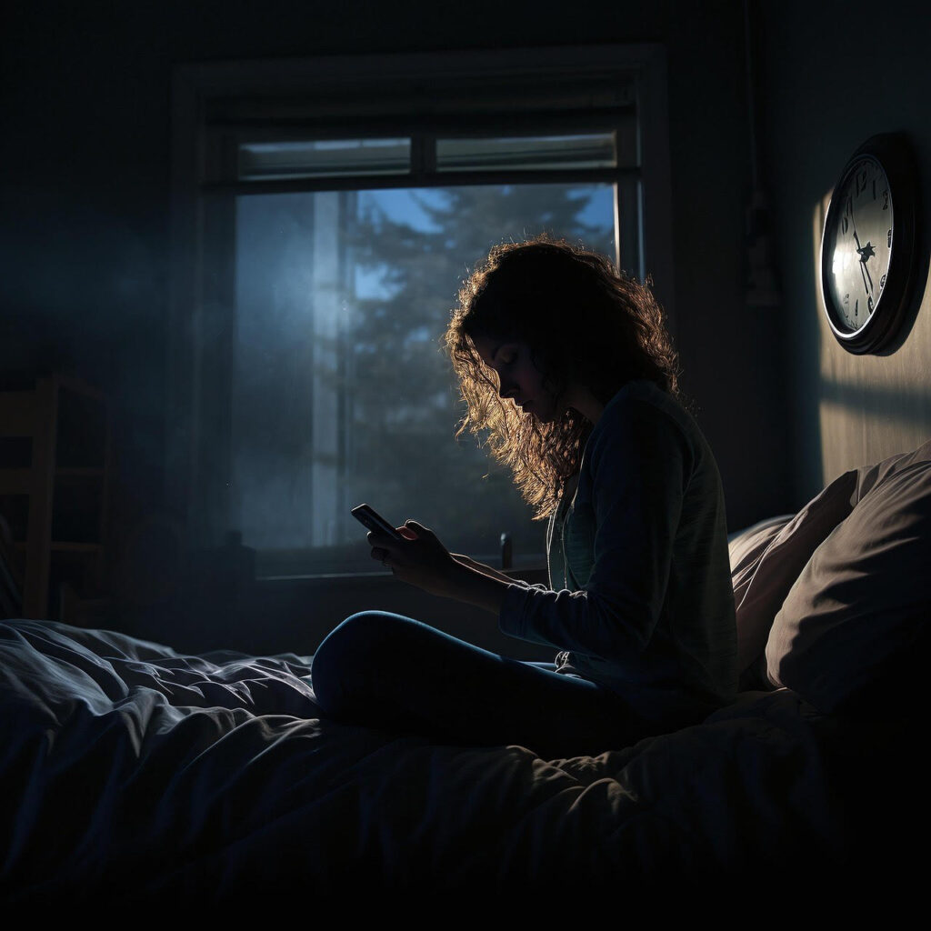 考えすぎて疲れる女性のイメージ 哲学で心を整える 夜のデスクで考える人